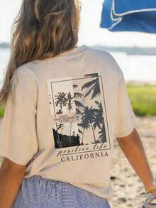 Camiseta de manga corta negra de cuello redondo, versátil y holgada, con estampado de letras de arte de patrón simple, adecuada para el uso diario y de vacaciones, nueva para el verano de las mujeres  ropa de calor mujer   flash oferta - Blanco - Ver 11