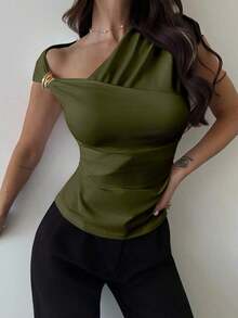 Camiseta blanca ajustada con hombro asimétrico, cintura fruncida, para mujer.Atuendo modesto y elegante para uso diario, playa, aeropuerto, vacaciones, trabajo como maestra. - Verde militar - Ver 4