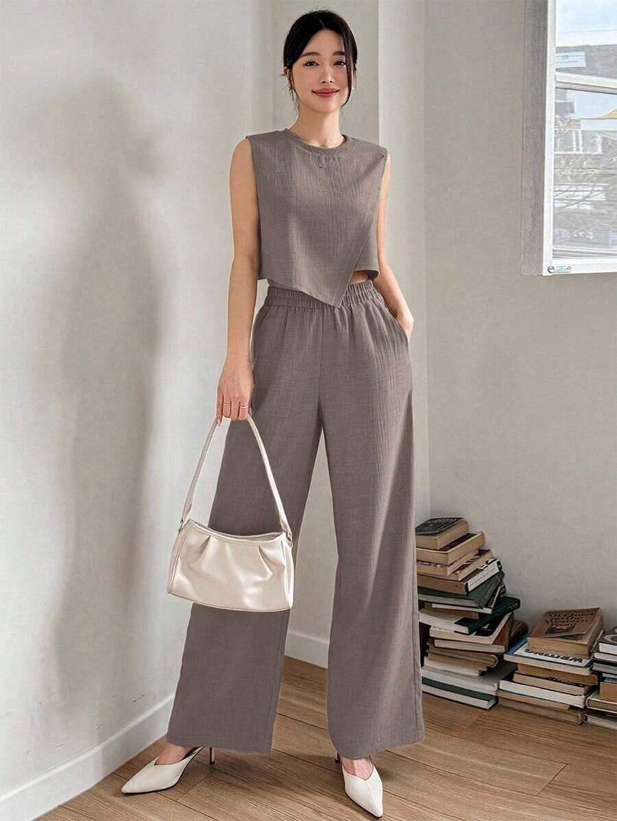 Set de 2 piezas de camisa y pantalones de pierna ancha de unicolor para mujer, conjuntos de ropa de descanso para mujer - Marrón - Ver 1