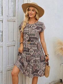 Vestido midi de mujer de manga corta y manga de murciélago con estampado floral, para verano - Multicolor - Ver 4