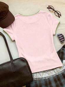 2026 Nueva Moda Camiseta Casual Versátil de Mujer con Cuello Redondo y Mangas Cortas, Contraste de Ribete, Top de Verano, Ropa de Primavera para Exteriores, Top Beige Casual Y2K - Multicolor 2 - Ver 3