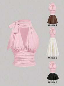 Blusa de halter de unicolor plisada, de uso versátil y casual para uso diario - Rosa Pálido - Ver 1