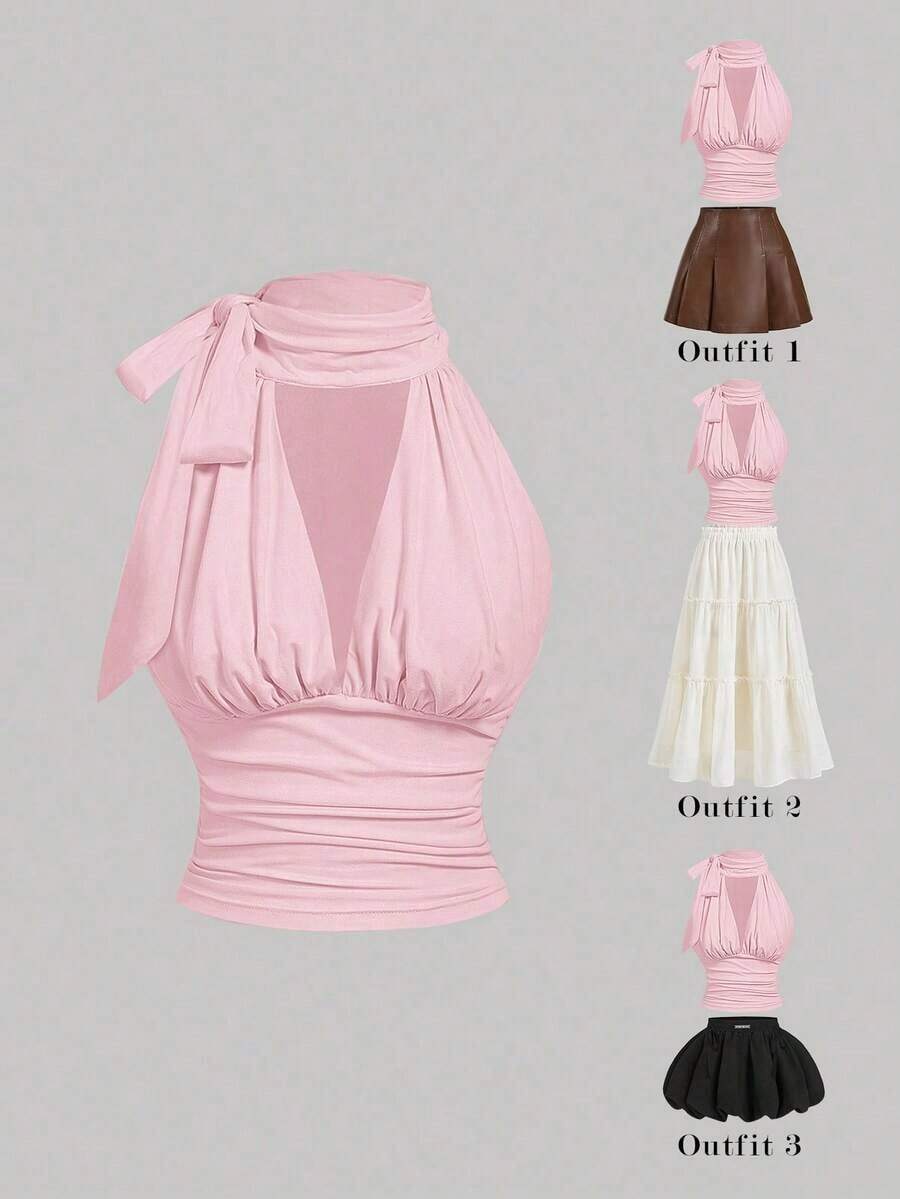 Blusa de halter de unicolor plisada, de uso versátil y casual para uso diario - Rosa Pálido - Ver 1
