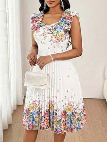 Vestido mini de fiesta con estampado floral y pliegues a la moda para mujer - Multicolor 2 - Ver 5