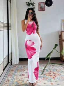 Vestido largo de mujer de vestido de escote con estampado de teñido anudado, vestido de verano largo, vestido largo verde maxi para outfit de mujer - Blanco - Ver 5