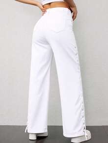 Straight-Leg Denim Jeans With Side Drawstrings, Elasticated, With A Butt-Lifting Effect - White - View 3