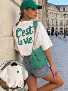 Camiseta Casual Blanca de Cuello Redondo y Manga Corta para Mujer con Estampado del Slogan "C'est la vie", Hombros Caídos, Corte Regular URWG - Blanco - Ver 8