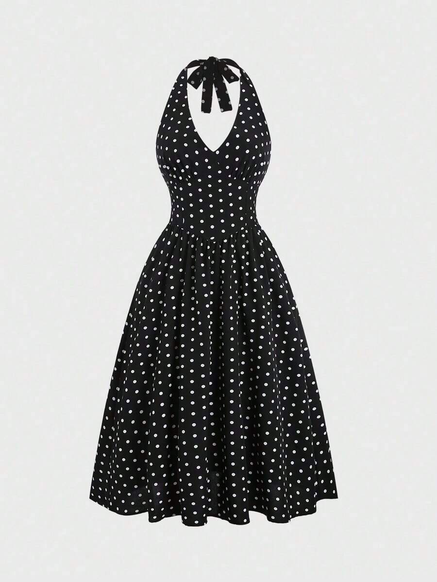 Vestido casual de verano para mujer con estampado de lunares, escote halter y espalda descubierta - Blanco y Negro - Ver 1