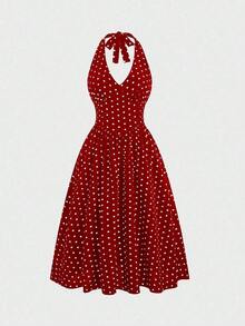 Vestido casual de verano para mujer con estampado de lunares, escote halter y espalda descubierta - Rojo y blanco - Ver 1