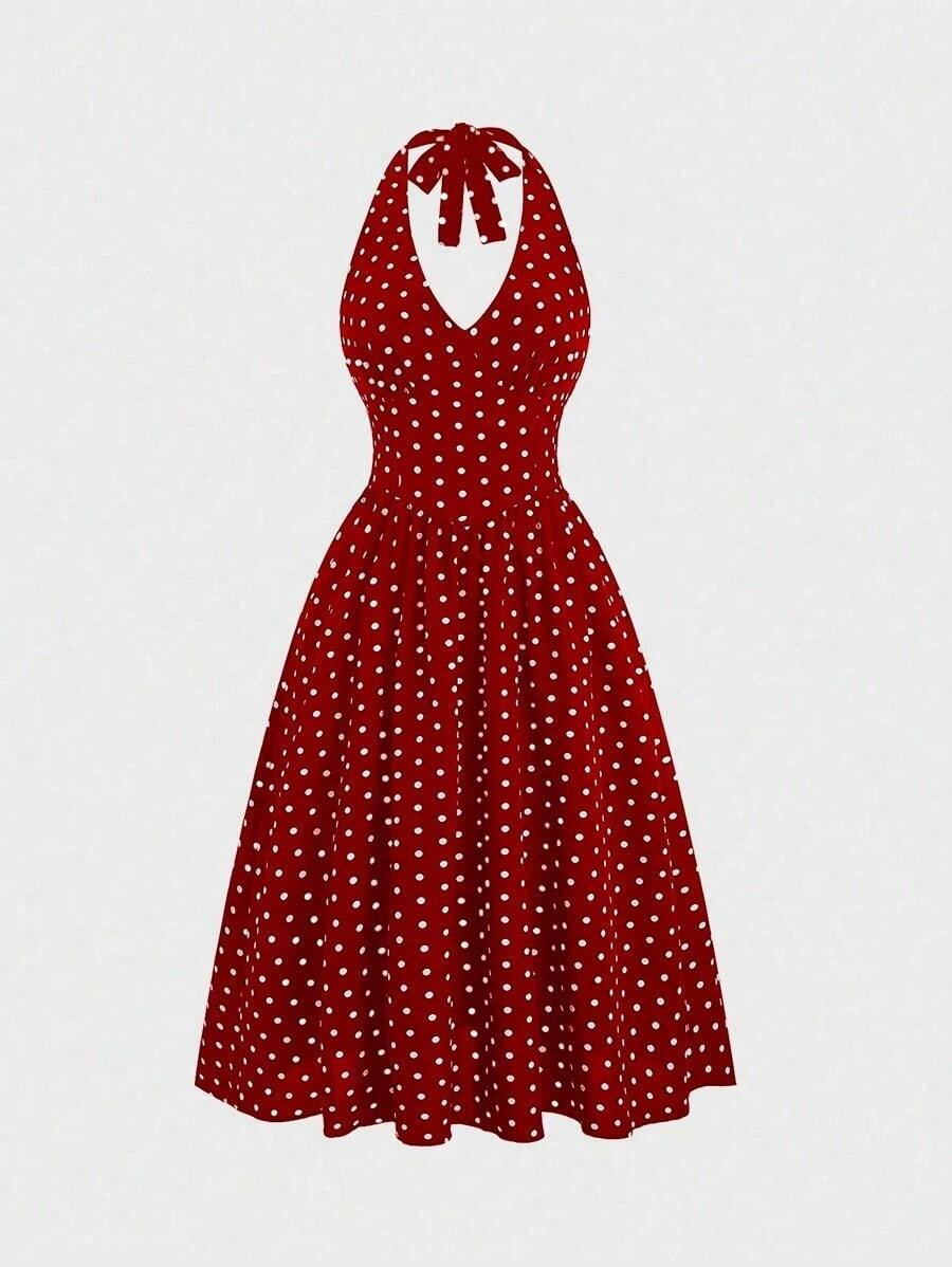 Vestido casual de verano para mujer con estampado de lunares, escote halter y espalda descubierta - Rojo y blanco - Ver 1