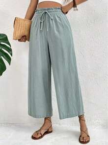 Pantalones casuales de mujer con cintura con cordón a cuadros - Verde - Ver 4