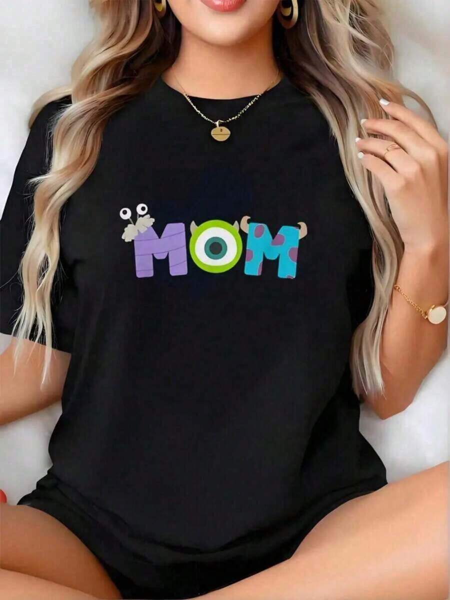 Classic Mommy Monsters Print T-Shirt, Heat Transfer, Lovely Style For Moms, Summer T-Shirt - Black - View 1