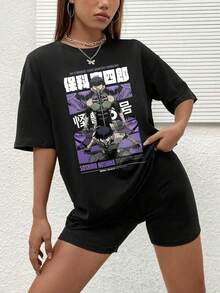 1 Piece 180g Camisera de Algodón para Mujer, Oversize Manga Corta Cuello Redondo con Estampado para el Diario y la Calle,designed by Y2K artists in the Bababask style - Negro 5 - Ver 1