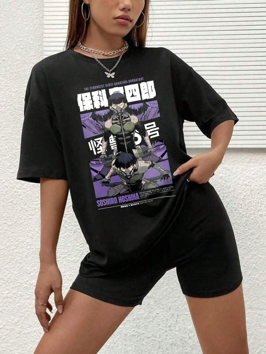 1 Piece 180g Camisera de Algodón para Mujer, Oversize Manga Corta Cuello Redondo con Estampado para el Diario y la Calle,designed by Y2K artists in the Bababask style - Negro 5 - Ver 1