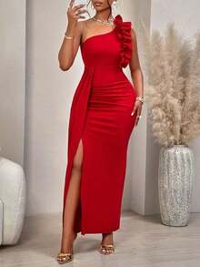 AIJ Vestido elegante de corte asimétrico con hombro descubierto, diseño fruncido y volantes, sin mangas, para mujer, unicolor, para fiestas, citas, fiestas de solteros, cenas formales o eventos de gala en otoño e invierno 2024 - Rojo - Ver 9