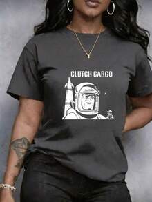 Camiseta para Mujer estampado de leopardo, texto, astronauta y cohete, de cuello redondo, manga corta, ropa transpirable, estilo casual de manga corta y cuello redondo estampado, redondo casual, ideal para entrenamiento y uso casual, top casual de alta calidad, cómodo y perfecto para uso casual en primavera y verano - Negro - Ver 11