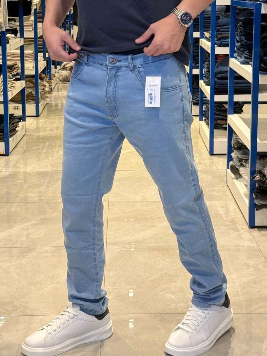 Men's Slim Fit Denim Jeans With Elastane And Lycra - 柔和的藍色 - 查看 1
