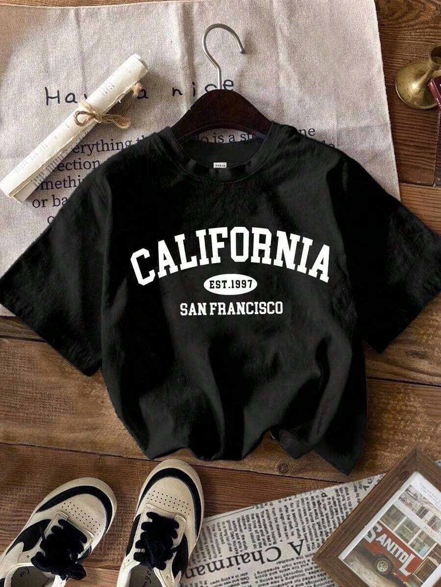 Conjunto de 3 piezas Camiseta de mujer de manga corta acanalada con patrón de texto retro en inglés en negro, blanco y gris, apropiada para el verano - Negro - Ver 1