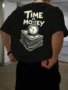 Men's Short-Sleeved T-Shirt, Made Of Fabric, With A Clock Design, Loose Fit, Stylish Casual Round Neck Top, Ideal For Wearing Outdoors In Spring And Summer - 黑色 - 查看 1