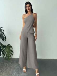 Nuevo conjunto de primavera/verano, elegante atuendo de vacaciones, blusa de lino asimétrico con cintura fruncida y espalda descubierta en color albaricoque y pantalones largos de cintura alta de 2 piezas de traje de lino - Gris - Ver 4