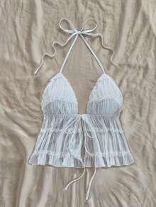 Nuevo top sin espalda con tirantes ajustables y textura, para primavera, verano, Pascua, festivales de música electrónica, estilo occidental para mujer, bohemio, vaquera, modesto, estilo fairy core, vacaciones tropicales, despedida de soltera, - Blanco - Ver 3