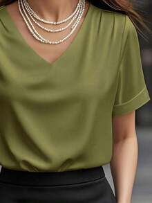 1 pieza Blusa de mujer de unicolor de satén con cuello en V y manga corta, elegante y de moda para uso diario, oficina, hogar, citas, primavera/verano, color negro casual - Verde militar - Ver 4