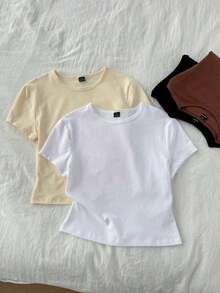 4 piezas Conjunto de camisetas de mujer de cuello redondo de manga corta ajustadas, aptas para el verano y para salir, en negro, blanco, marrón y amarillo crema, 95% algodón, estilo vintage, blusas de verano lindas, estilo softgirl, artículos para salidas de verano, para el hogar, vuelta al colegio, ropa de mujer para otoño, versátil, tops cortos para club y fiesta, paquete de 4 tops cortos básicos de mujer, tops cortos ajustados - Multicolor 3 - Ver 6