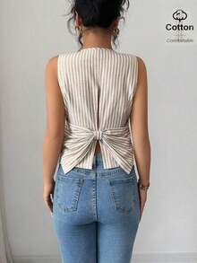 Camiseta de tirantes de mujer de algodón a rayas con lazo y escote en V sin espalda.Ajustada y que realza la figura, muestra por completo el encanto femenino.Adecuada para otoño e invierno, es una opción ideal para citas, vacaciones, ir al - Caqui - Ver 7