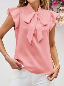 Blusa con lazo elegante para mujer, versátil para el trabajo y el uso casual, verano - Rosa 2 - Ver 4