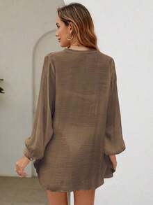 Holidaya Kimono unicolor con botón delantero - Café integral - Ver 2