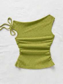 Blusa de punto con textura de burbujas de color albaricoque, cuello asimétrico con lazo en la cintura, ajuste ceñido, adecuada para fiesta, cita, paseo por la ciudad, viaje por carretera, playa de verano - Amarillo claro - Ver 2