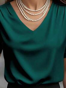 1 pieza Blusa de mujer de unicolor de satén con cuello en V y manga corta, elegante y de moda para uso diario, oficina, hogar, citas, primavera/verano, color negro casual - Verde - Ver 2