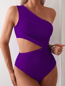 Swim 1 pieza Traje de baño de una pieza para mujer con diseño calado y fruncido en color liso - Morado - Ver 3