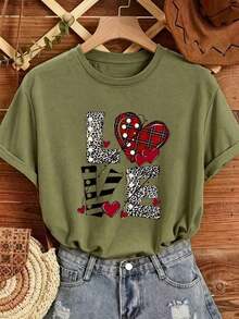 Camiseta Holgada Sencilla Mujer Estilo Moderno, Camiseta de Manga Corta con Estampado Gráfico LOVE, Cuello Redondo Casual, Hombros Caídos, con Diseños de Leopardo y Cuadros.Camiseta Mujer Estampado Gráfico  Verano 2026 - Verde - Ver 3
