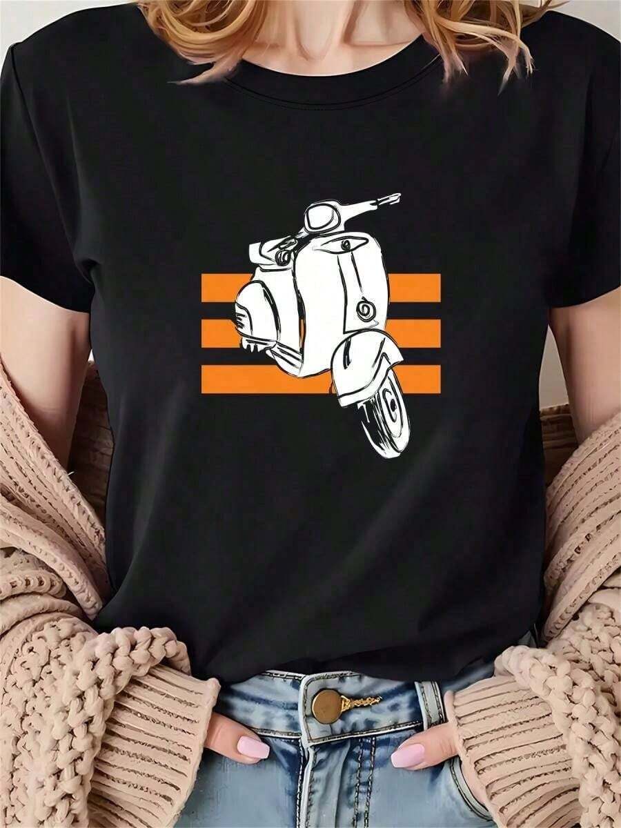 1pscTalla Grande - Camiseta Negra de Manga Corta con Cuello Redondo y Estampado de Dibujos Animados | Ajuste cómodo, lavable, estilo casual, diseño moderno, tela suave, ideal para fiestas festivas, camiseta de algodón puro de alta calidad con estampado minimalista, tela suave y transpirable, cómoda y holgada, adecuada para uso diario, ideal para ropa casual de oficina, apariencia diaria de primavera y verano, ropa de manga corta elegante y juvenil para mujer, 100% algodón. - Negro - Ver 1