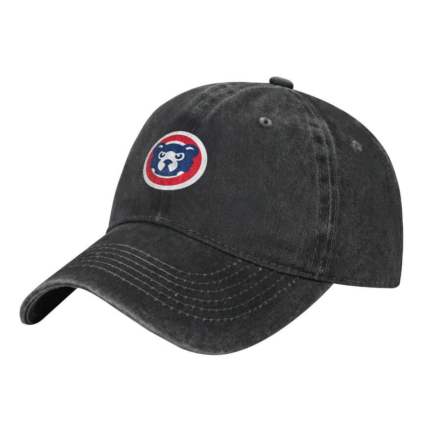 Unisex Vintage Washed Denim, Chicago Cubs Retro Bear Face Logo Print, Adjustable Denim Dad Cap, Lightweight Casual Denim Cap, Daily Casual Street Headwear - 黑色 - 查看 1