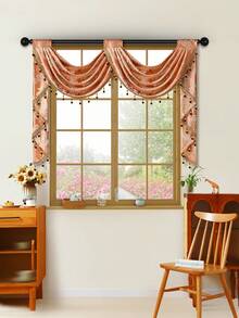 1pc Vintage Coin Jacquard Curtain With Delicate Pearl Trim And Hollow-Out Design, European Luxury Style Polyester Sheer Curtain, Suitable For Living Room And Bedroom Windows And Doors, Curtain Rod Not Included - Brown - View 8