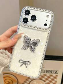 Funda de teléfono con patrón de concha rosa, mariposa con brillos de strass, compatible con iPhone 17 Pro Max, 17 Pro, 17, 16 Pro Max, 16 Pro, 16, 15 Pro Max, 15 Pro, 14 Pro Max, 14 Pro, 13, cubierta protectora de lujo y moda - Blanco - Ver 3