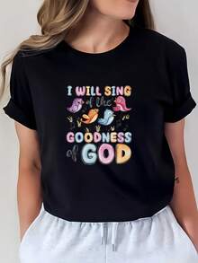 ModaModa180G Camiseta Cristiana para Mujer con Estampado Divertido "Cantaré de la Bondad de Dios", Regalo Familiar para Fiesta de Pascua, Team Building, Top Casual de Verano - Negro - Ver 6
