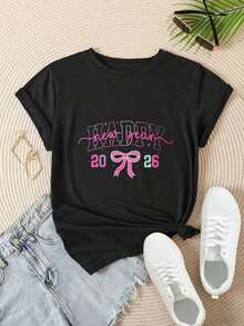 Feliz Año Nuevo 2026, Camiseta Casual de Mujer con Estampado de Lazo Rosa, Adecuada para Todas las Temporadas  
 Negro - Negro - Ver 2