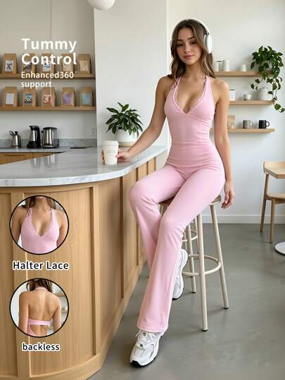 6pecil Halter Neck Lace Trim Backless Jumpsuit For Women Tummy Control Deep V Neck Flared Leg One Piece Bodysuit Sexy Flare Catsuit