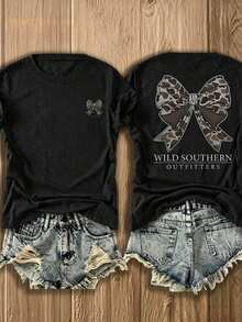 Women's T-Shirt With "Wild Shern Fitters" Bow Print, Loose Fit, Round Neck, Short Sleeves, Flirty Style, Shern Style Top, Ideal For Parties With Friends And Family, Holidays, Breathable And Comfortable For Women. - 黑色 - 查看 2