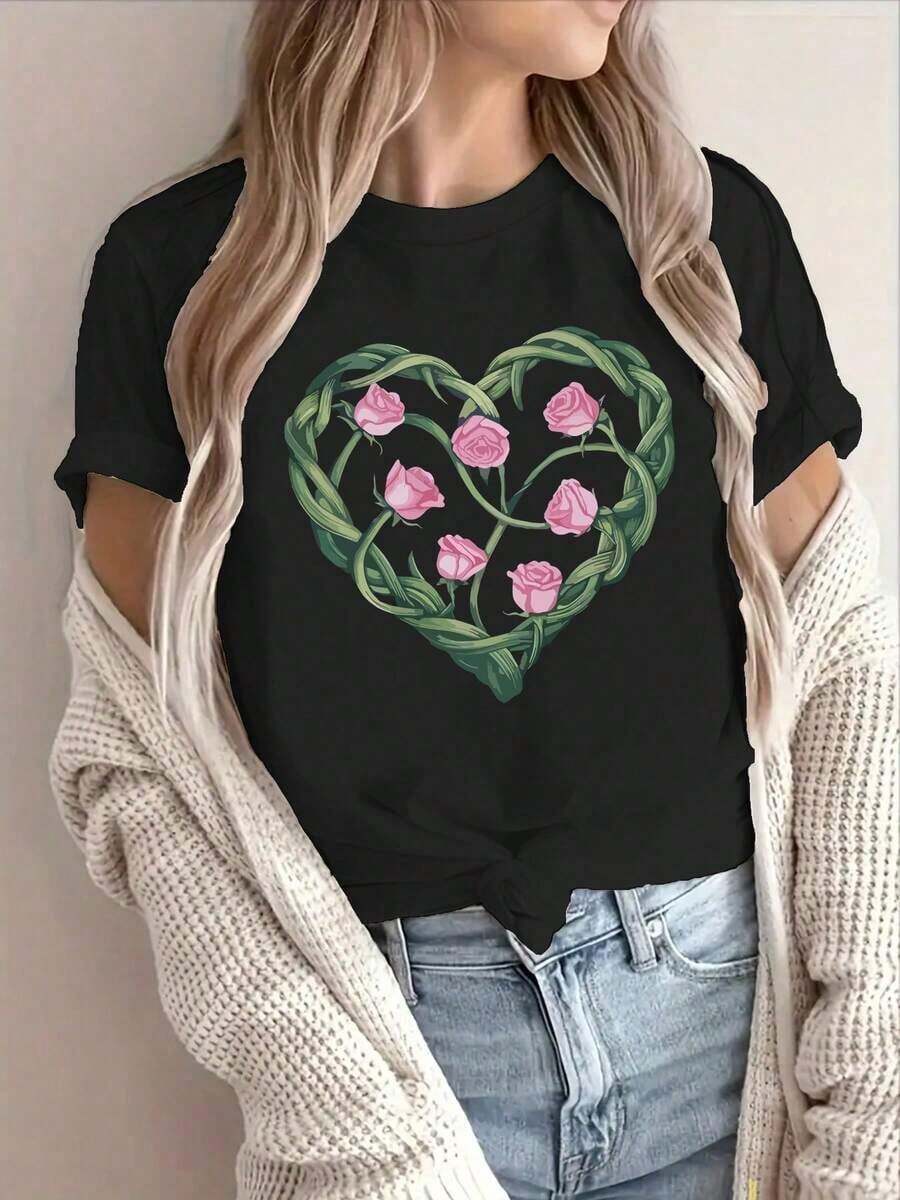 1 Piece Of Women's Short-Sleeved Crew Neck T-Shirt - Minimalist Blouse With Letter And Geometric Print - Basic, Versatile Top | Washable Casual Wear, Suitable For Spring, Summer, Layering, And As Part Of A Wardrobe. 100% Cotton. - 黑色 - 查看 1