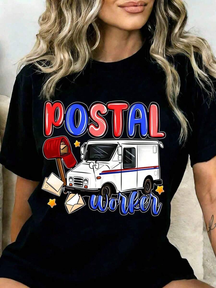 1 Postal Worker T-Shirt With A Mail Truck And Mailbox Design For Employees And Mail Carriers. Fun Gift For Postal Workers And Mail Delivery Staff. 180g 100% Cotton. - 黑色 - 查看 1