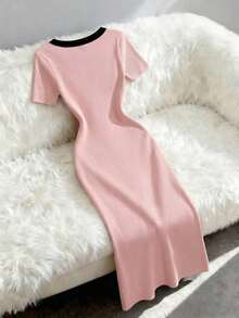 YHHFranclia Vestido informal/de trabajo para mujer, estilo francés, con escote en V, ribete de rayas verticales, botones y abertura frontal en el dobladillo.YHH - Rosa - Ver 2