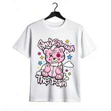 Tops para mujer holgada con estampado gráfico para niñas - Estampado frontal de un oso de peluche y letras, estilo casual para la vuelta al cole. - Blanco - Ver 2
