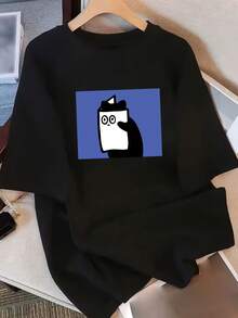 Camiseta Pura para Mujer Manga Corta Diseño de Nicho y Estampado 2025 Verano Nuevo Top Holgado de Manga Media y Ajustado para Mujer - Negro - Ver 1