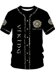 Camiseta de béisbol vikinga para hombres - Estampado nórdico negro, diseño de hacha y escudo, camisa casual de verano transpirable y abotonada, ajuste regular para deportes y ocio al aire libre, tela de fácil cuidado, regalo perfecto - Multicolor - Ver 1