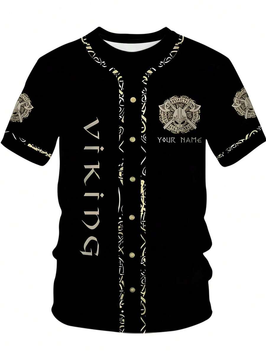 Camiseta de béisbol vikinga para hombres - Estampado nórdico negro, diseño de hacha y escudo, camisa casual de verano transpirable y abotonada, ajuste regular para deportes y ocio al aire libre, tela de fácil cuidado, regalo perfecto - Multicolor - Ver 1
