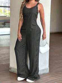 Mono informal elegante de mujer con efecto de mezclilla, cuello en V, sin mangas, cintura fruncida, piernas anchas y bolsillos laterales - Negro - Ver 3